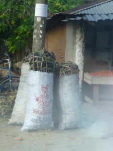 I learned that cashew trees when burned make excellent starter charcoal.  Todo needed some, and bought one of these large bags. 