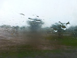 This is our windshield with the rain.  The storm soon blew over. 