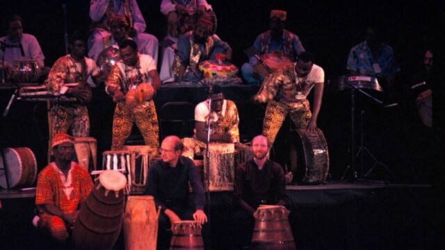1986 Vancouver BC Royal Bank/Expo 86 World Festival World Drum Festival 2nd row Kenya Bomas first row Canada Nexus Photo Barry Burns