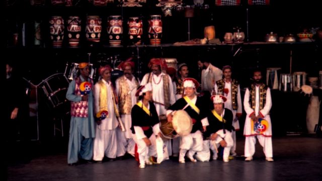 1986 Vancouver BC Royal Bank/Expo 86 World Festival World Drum Festival 2nd row Pakistan Drummers 1st row Korea SamulNori Photo Barry Burns